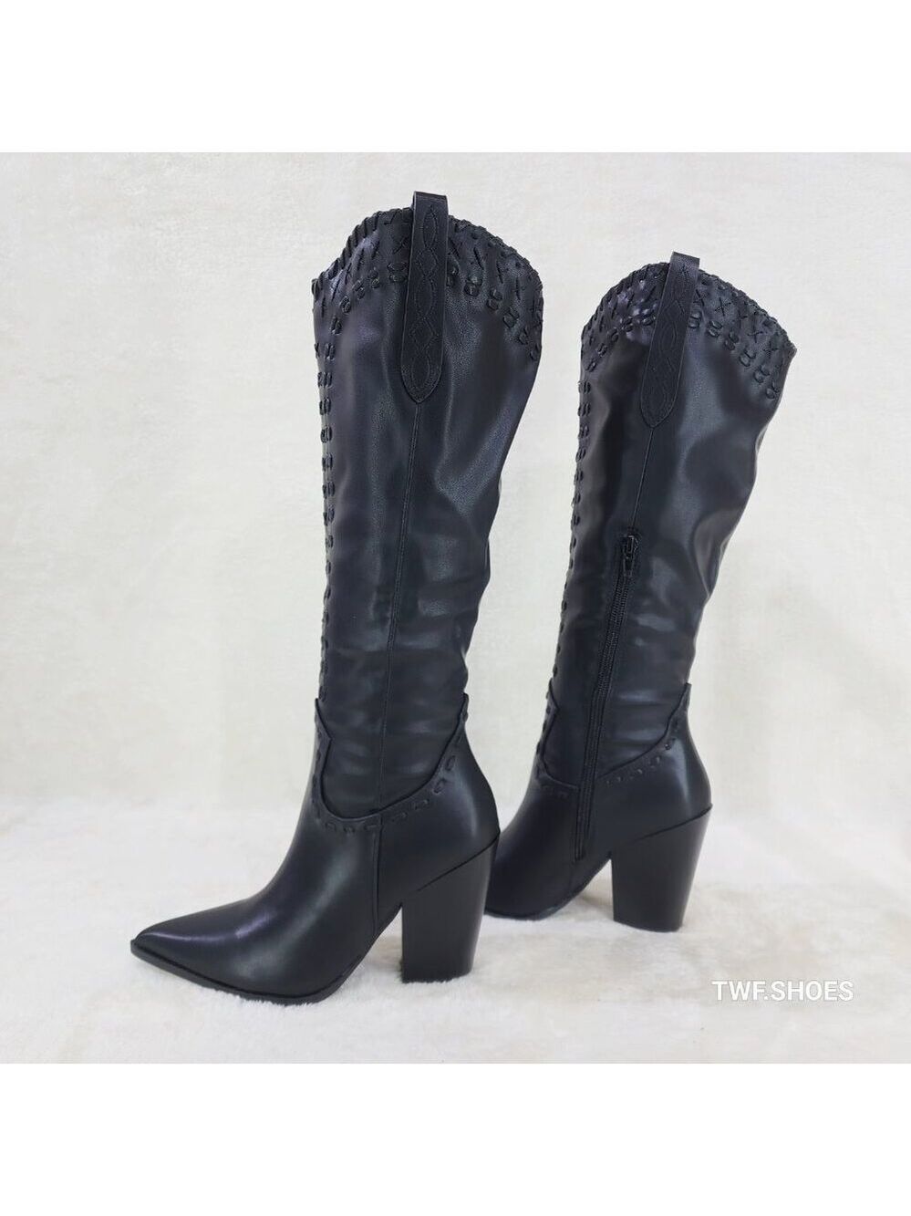 Weaver Black Matte Western Knee High Cowgirl Boots Weave Design